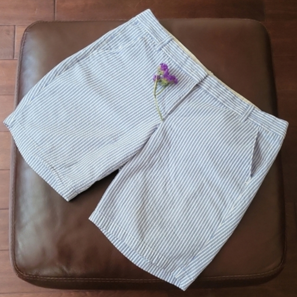 J. Crew Striped Seersucker Bermuda Shorts in Light Blue & White